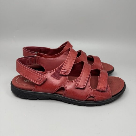 ECCO Sandals Babett Comfort Womens 8.5 Red Leather Triple 3 Strap Shock Point - Picture 1 of 9